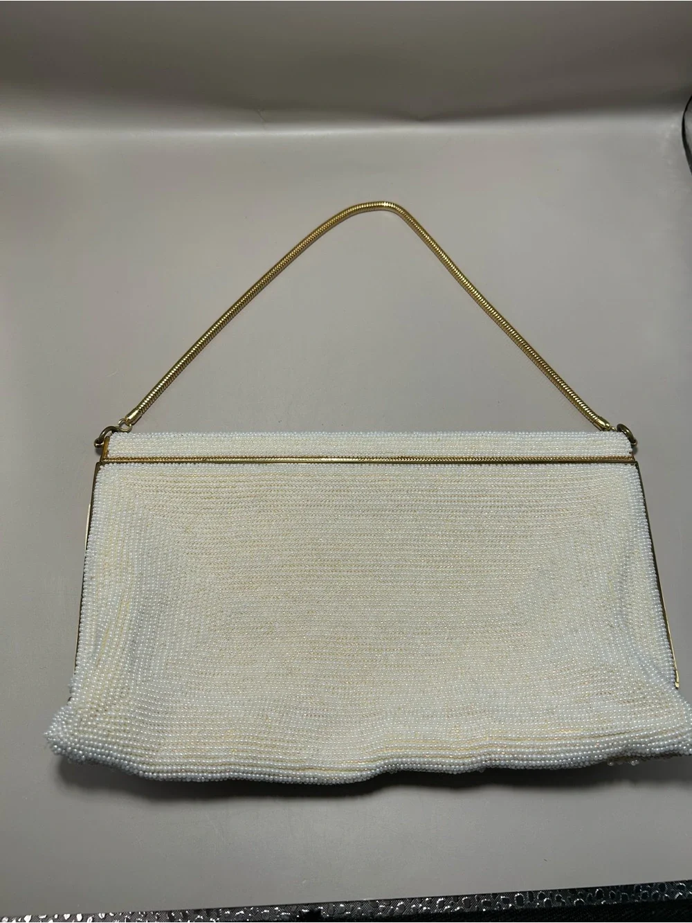 Ivory Beaded Evening Clutch with Gold Handle